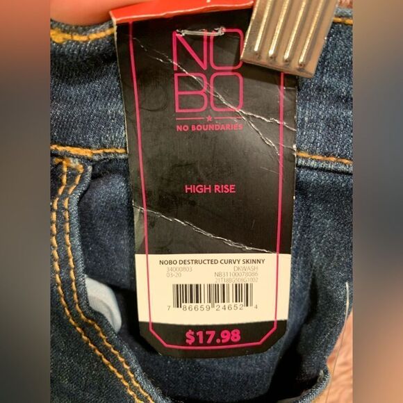 🔴NWT No Boundaries S:7 Destructed Curvy Skinny Jean Dark BLUE Denim - Picture 4 of 5